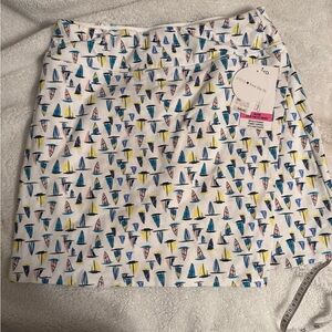 intro. White Mini Skirt with Blue, Yellow & Pink Sailboat Print